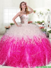 Unique Hot Pink and White Quinceanera Dress with Beading and Ruffles
