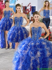 Unique Royal Blue and Champagne Organza Detachable Quinceanera Dresses with Appliques and Ruffles