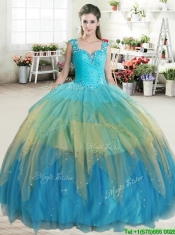 Unique Straps Beaded and Ruffled Layers Quinceanera Dress in Multi Color