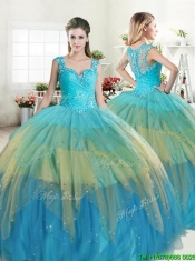 Unique Straps Beaded and Ruffled Layers Quinceanera Dress in Multi Color