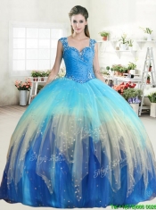 Unique Straps Rainbow Quinceanera Dress with Ruffled Layers and Beading