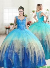 Unique Straps Rainbow Quinceanera Dress with Ruffled Layers and Beading