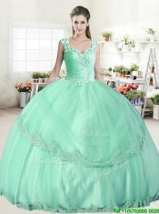 Wonderful Straps Apple Green Quinceanera Dress with Beading and Appliques