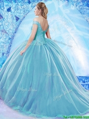 2017 Beautiful Beaded Bodice Organza Quinceanera Dress with Brush Train