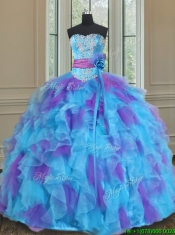 2017 Best Sweetheart Organza Blue and Purple Quinceanera Gown with Handmade Flower