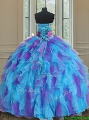 2017 Best Sweetheart Organza Blue and Purple Quinceanera Gown with Handmade Flower
