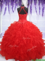 2017 High End See Through Halter Top Red Sweet 16 Dress with Beading and Ruffles