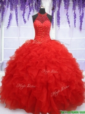 2017 High End See Through Halter Top Red Sweet 16 Dress with Beading and Ruffles