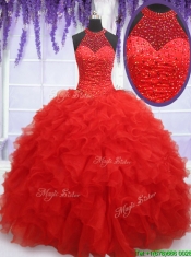 2017 High End See Through Halter Top Red Sweet 16 Dress with Beading and Ruffles