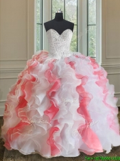 2017 Popular Brush Train White and Coral Red Quinceanera Dress with Beading and Ruffles