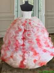 2017 Popular Brush Train White and Coral Red Quinceanera Dress with Beading and Ruffles