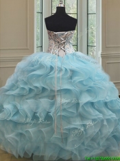 2017 Popular Visible Boning Beaded Bodice Organza Quinceanera Dress in Light Blue