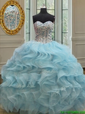 2017 Popular Visible Boning Beaded Bodice Organza Quinceanera Dress in Light Blue