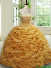 2017 Visible Boning See Through Back Brush Train Beaded Quinceanera Dress in Gold