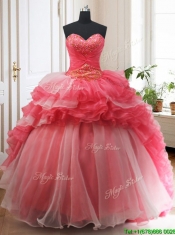 Brush Train Red and White Quinceanera Dress with Beading and Ruffled Layers