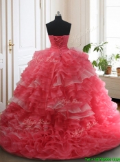 Brush Train Red and White Quinceanera Dress with Beading and Ruffled Layers