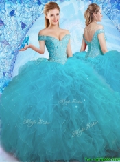 Cheap Beaded Off the Shoulder Teal Quinceanera Dress in Tulle