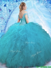 Cheap Beaded Off the Shoulder Teal Quinceanera Dress in Tulle