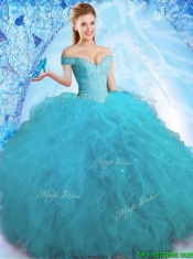 Cheap Beaded Off the Shoulder Teal Quinceanera Dress in Tulle