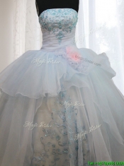 Strapless Light Blue Quinceanera Dress with Appliques and Handmade Flowers