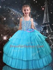Aqua Blue Sleeveless Organza Lace Up Kids Formal Wear for Quinceanera and Wedding Party