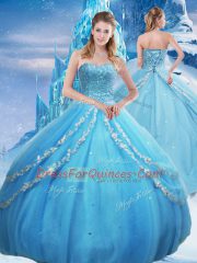 Baby Blue Lace Up Ball Gown Prom Dress Beading and Appliques and Sequins Sleeveless Floor Length