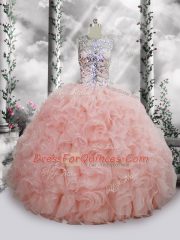 Fancy Ball Gowns Quinceanera Gowns Baby Pink Scoop Organza Sleeveless Floor Length Lace Up