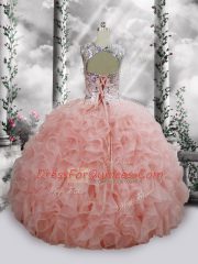 Fancy Ball Gowns Quinceanera Gowns Baby Pink Scoop Organza Sleeveless Floor Length Lace Up
