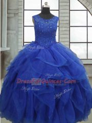 Floor Length Lace Up Ball Gown Prom Dress Royal Blue for Military Ball and Sweet 16 and Quinceanera with Ruffles and Sequins