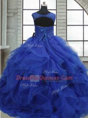 Floor Length Lace Up Ball Gown Prom Dress Royal Blue for Military Ball and Sweet 16 and Quinceanera with Ruffles and Sequins