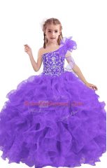 Wonderful Lilac Little Girl Pageant Dress Quinceanera and Wedding Party with Beading and Ruffles One Shoulder Sleeveless Lace Up