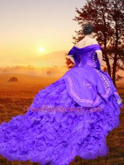 Customized Purple Ball Gowns Organza Sweetheart Sleeveless Embroidery and Ruffles Lace Up Sweet 16 Dress Brush Train
