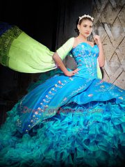 Baby Blue Ball Gowns Sweetheart Sleeveless Organza Brush Train Lace Up Embroidery and Ruffles Quinceanera Dresses
