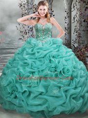 Fantastic Turquoise Sweet 16 Dress Sweetheart Sleeveless Brush Train Lace Up