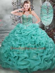 Fantastic Turquoise Sweet 16 Dress Sweetheart Sleeveless Brush Train Lace Up