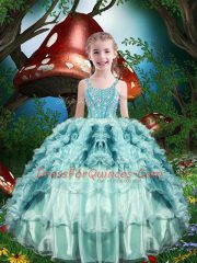 Cute Aqua Blue Sleeveless Beading and Ruffles and Ruffled Layers Floor Length Kids Formal Wear