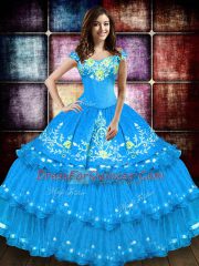 Nice Baby Blue Sweet 16 Dresses Military Ball and Sweet 16 and Quinceanera with Embroidery and Ruffled Layers Off The Shoulder Sleeveless Lace Up