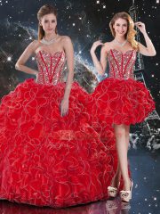 Eye-catching Wine Red Lace Up Quince Ball Gowns Beading and Ruffles Sleeveless Floor Length