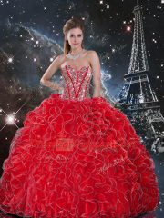 Eye-catching Wine Red Lace Up Quince Ball Gowns Beading and Ruffles Sleeveless Floor Length