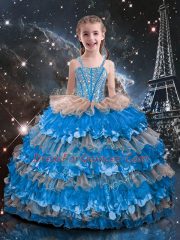 Nice Sleeveless Organza Floor Length Lace Up Little Girls Pageant Dress Wholesale in Baby Blue with Beading and Ruffled Layers