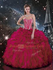 Fine Floor Length Burgundy Ball Gown Prom Dress Organza Sleeveless Beading and Ruffles