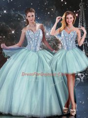 Luxury Tulle Sleeveless Floor Length Quince Ball Gowns and Beading