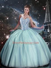 Luxury Tulle Sleeveless Floor Length Quince Ball Gowns and Beading