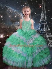 Affordable Apple Green Ball Gowns Straps Sleeveless Organza Floor Length Lace Up Beading and Ruffled Layers Little Girls Pageant Dress Wholesale