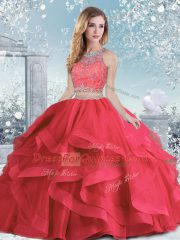 Coral Red Clasp Handle Quinceanera Dress Beading and Ruffles Sleeveless Floor Length