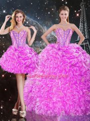 High Quality Sweetheart Sleeveless Sweet 16 Quinceanera Dress Floor Length Beading and Ruffles Fuchsia Organza