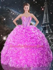 High Quality Sweetheart Sleeveless Sweet 16 Quinceanera Dress Floor Length Beading and Ruffles Fuchsia Organza