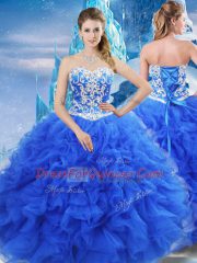 Smart Sweetheart Sleeveless Vestidos de Quinceanera Floor Length Beading and Ruffles Blue Organza