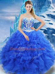 Smart Sweetheart Sleeveless Vestidos de Quinceanera Floor Length Beading and Ruffles Blue Organza