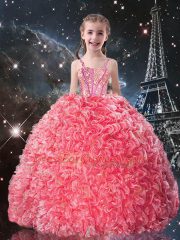 Sleeveless Floor Length Beading and Ruffles Lace Up Kids Pageant Dress with Coral Red